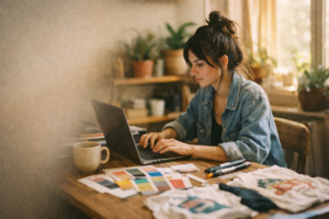 Diseñadora trabajando en su escritorio con paletas de colores y laptop, creando diseños de remeras