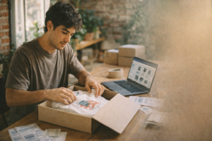 Emprendedor conectando su tienda online desde una laptop con documentos de envío
