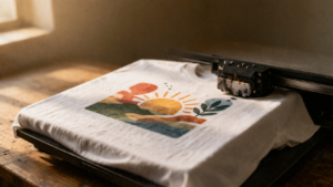 Remera estampada con diseño colorido sobre mesa de madera, técnica de impresión print on demand