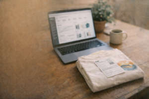 Paquete de remera lista para envío junto a laptop mostrando tienda online