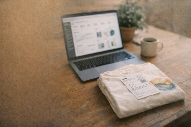 Paquete de remera lista para envío junto a laptop mostrando tienda online