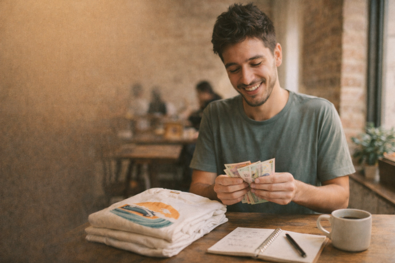Emprendedor argentino contando pesos en un café, con remera estampada y cuaderno de ventas