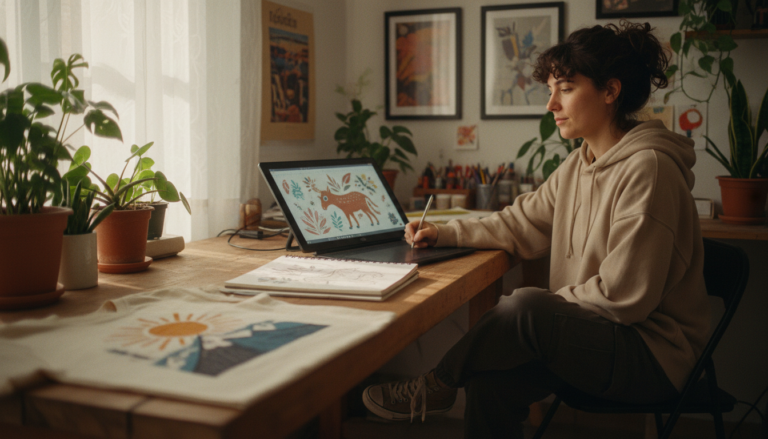 Ilustradora argentina trabajando en diseños en su home studio, alternativa a Flashcookie
