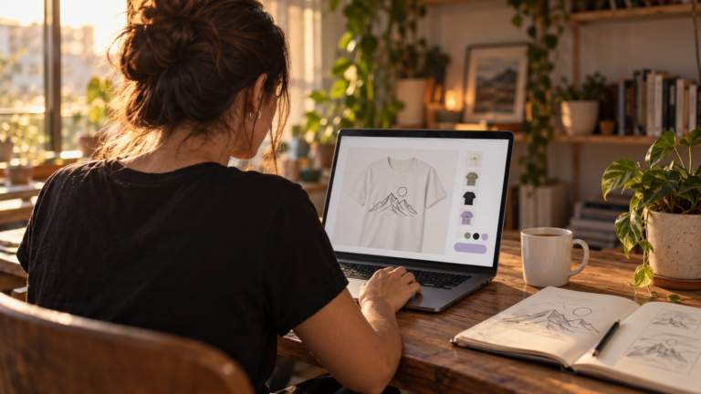 Una vendedora maneja su tienda online propia desde la notebook, con una remera de su marca en pantalla